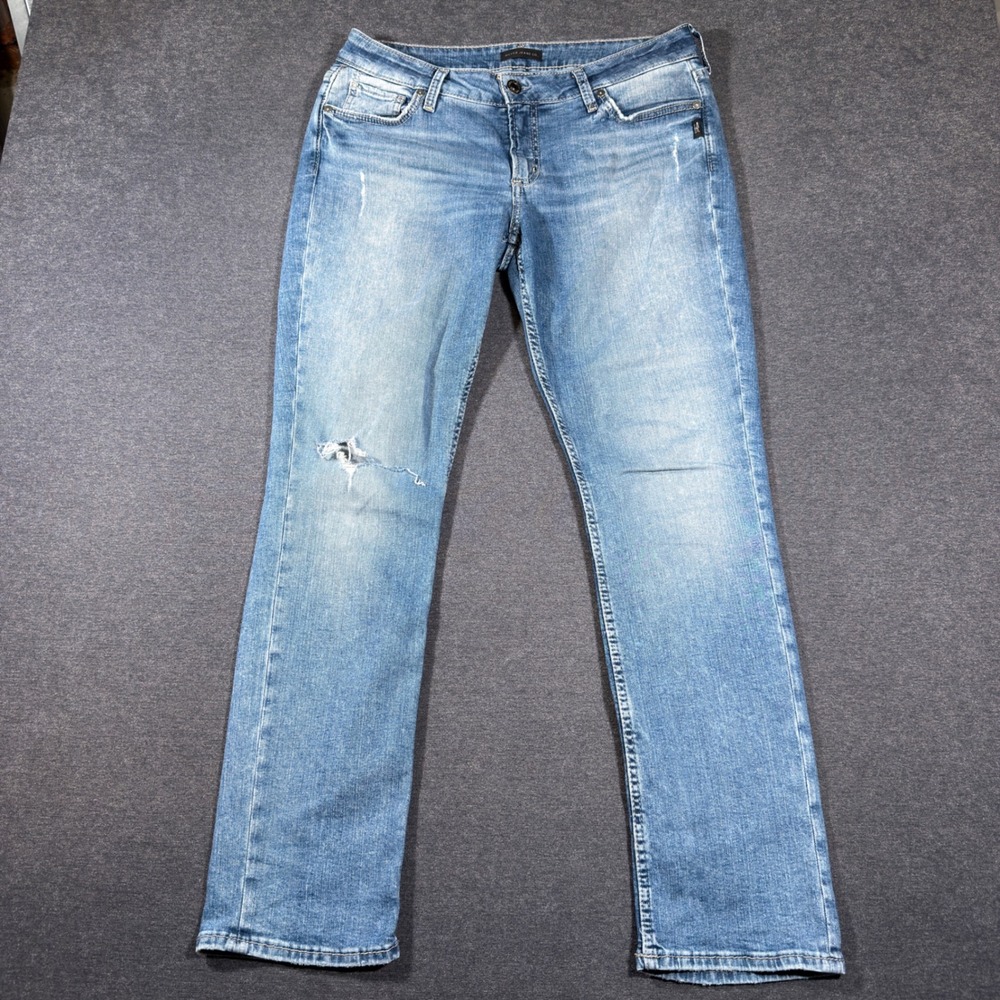 Silver Jeans Elyse Straight Women 31x32 Blue Distressed Mid Rise Denim Pants